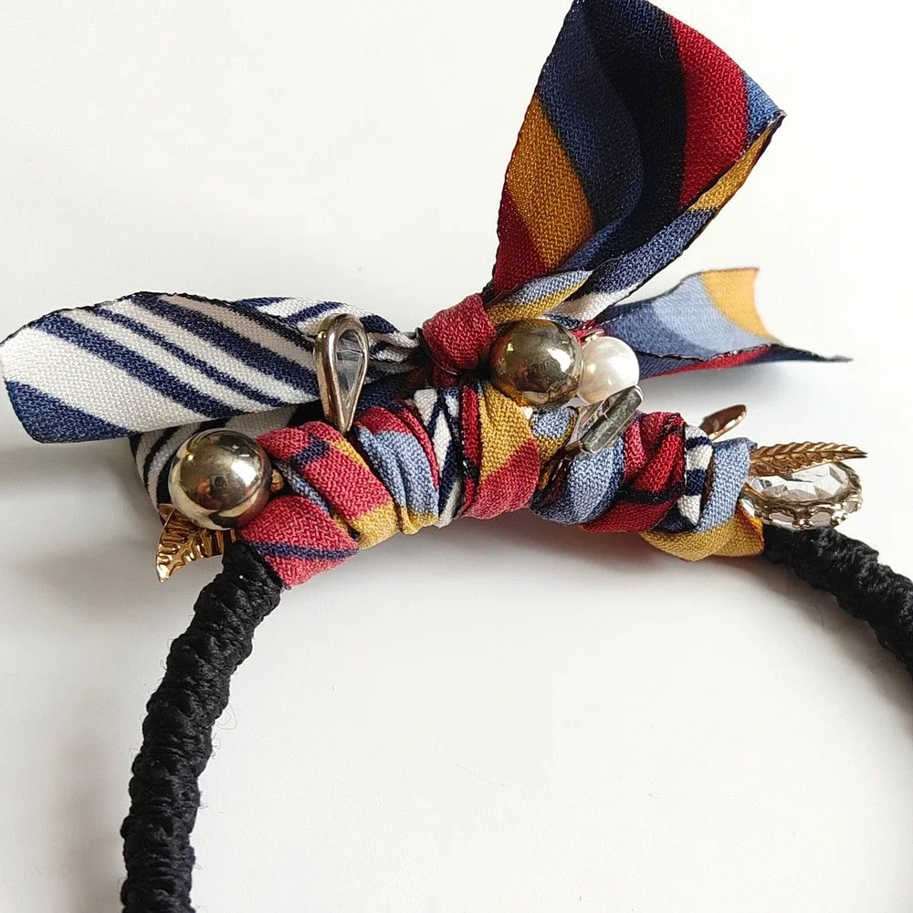 Handmade Beaded Rhinestone Hair Tie Set 3pc Velvet Bow Ribbon Multicolor Womens